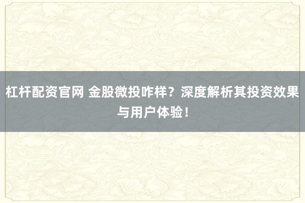杠杆配资官网 金股微投咋样？深度解析其投资效果与用户体验！